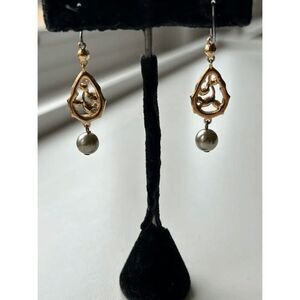 Vintage 90s Greenish Teal Rhinestone Sparkle Filigree Design Goldtone Drop Faux